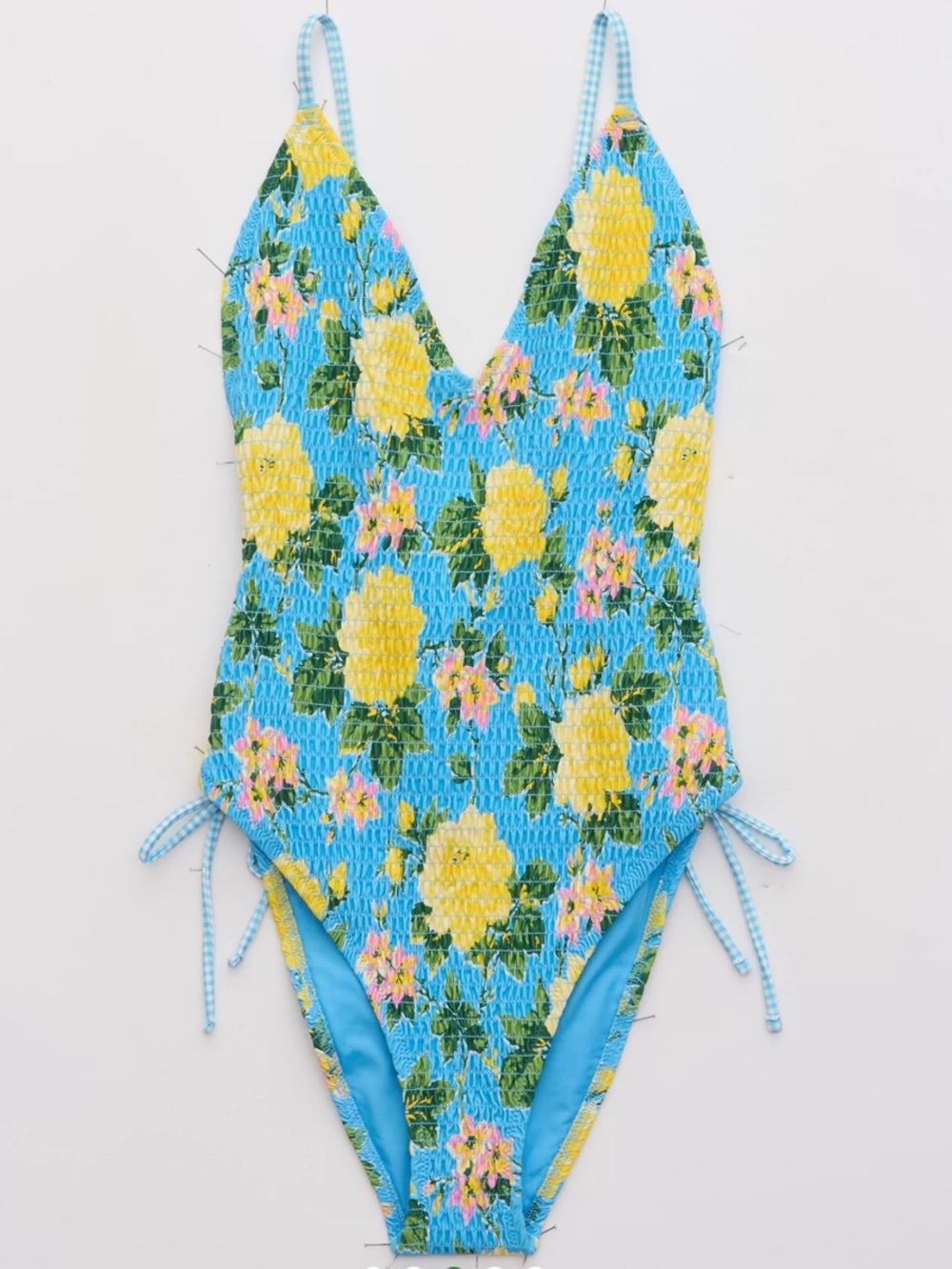 aerie Blue Floral Smocked Plunge One Piece